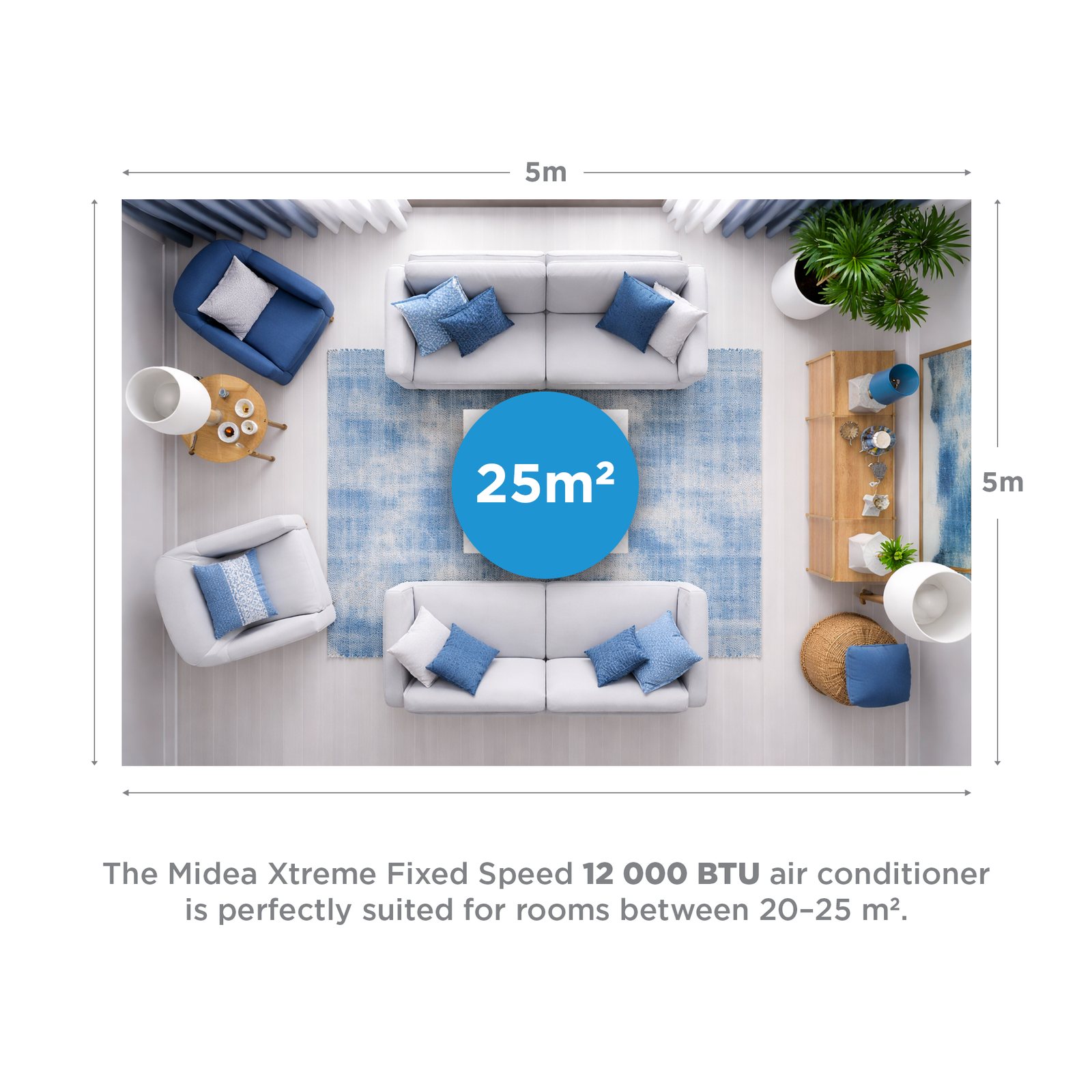 Midea Xtreme R410A fixed speed mid-wall split air conditioner 12000 BTU - recommended room size